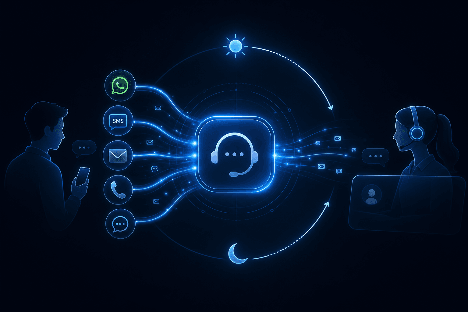 Illustrative multi-channel contact — WhatsApp, SMS, email, and voice with always-on support