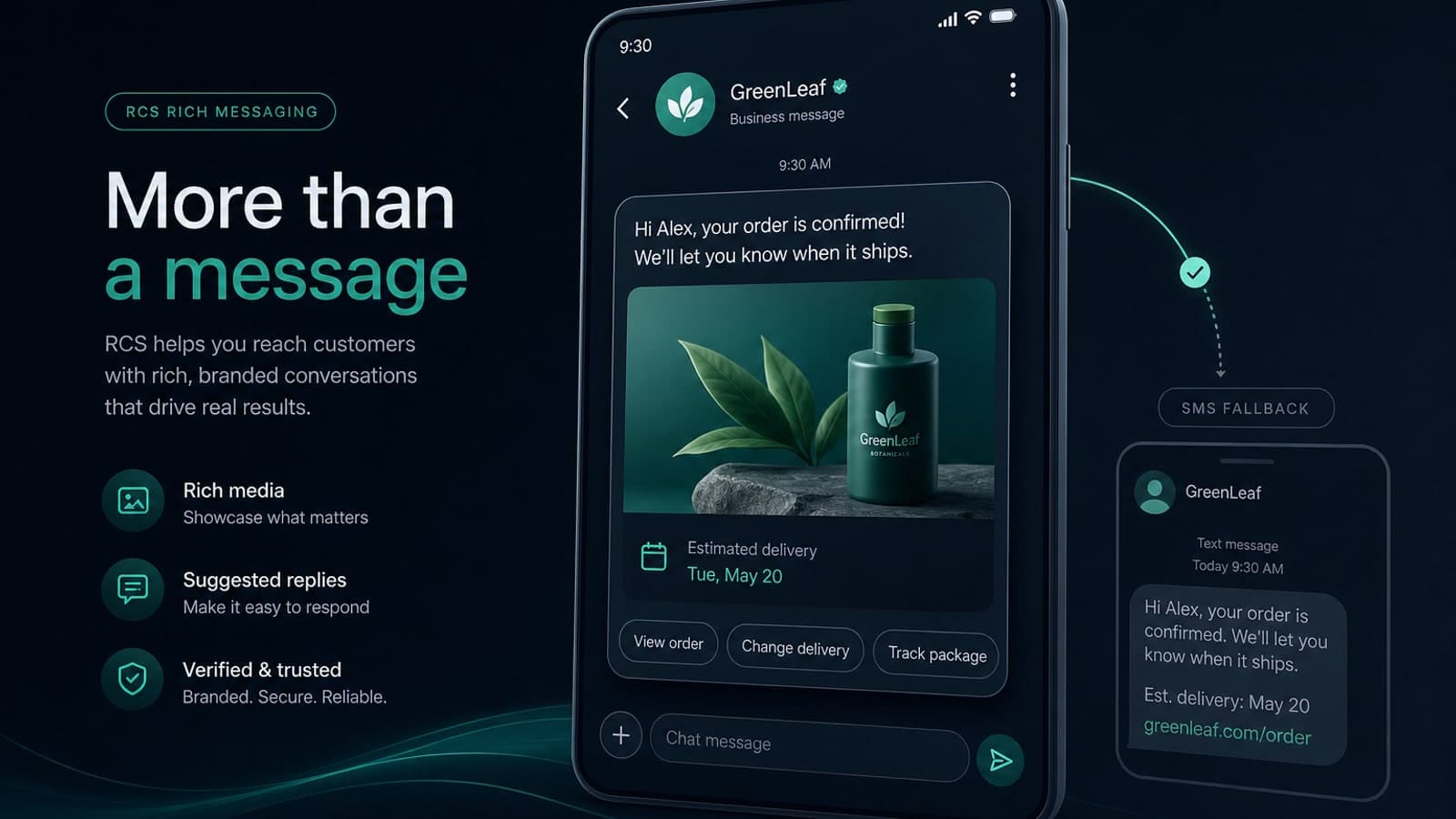 Google RCS illustration — rich branded messages with SMS fallback