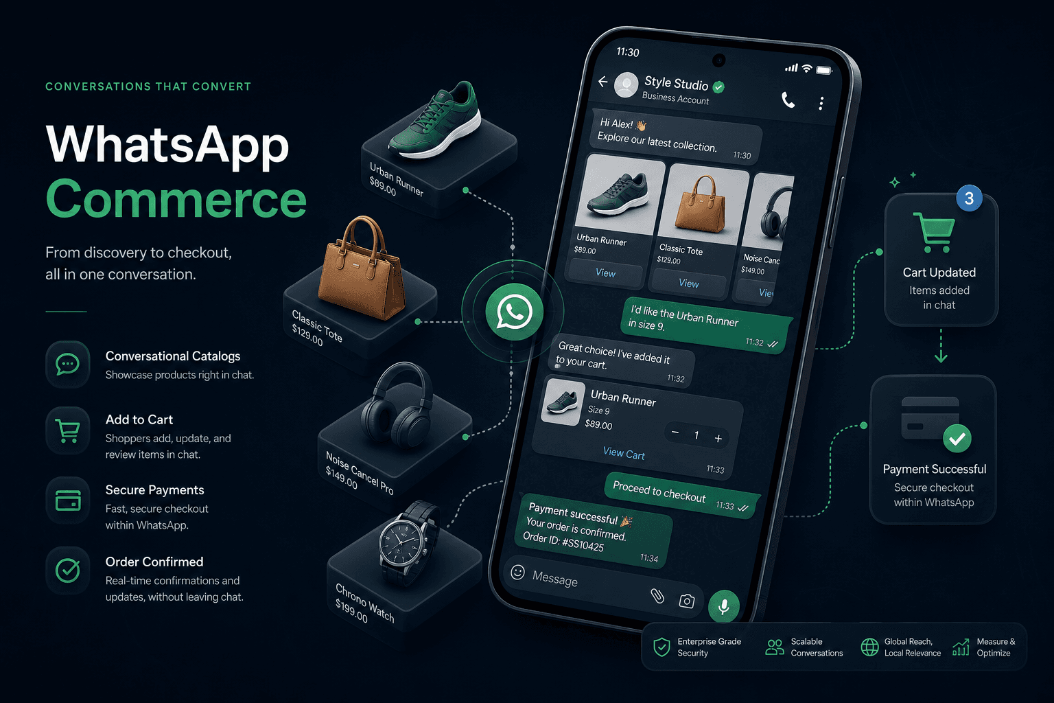 WhatsApp Commerce illustration — catalogs, product cards, and checkout in chat