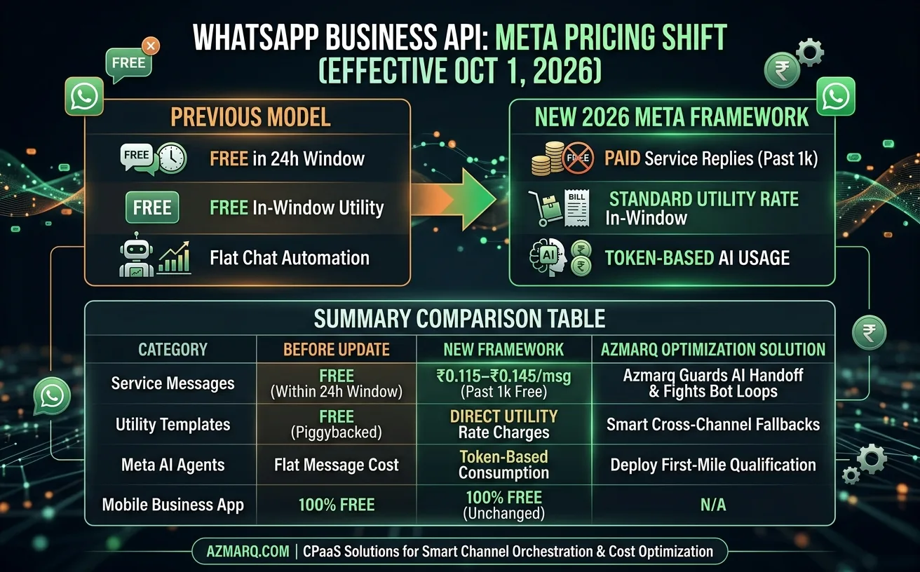 Visual overview of Meta's revised WhatsApp API pricing structure and service message thresholds